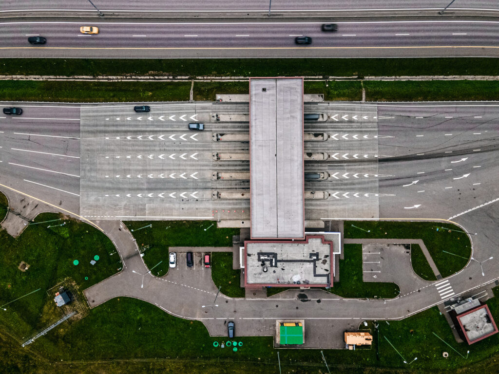 Toll booth seen top down aerial shot
