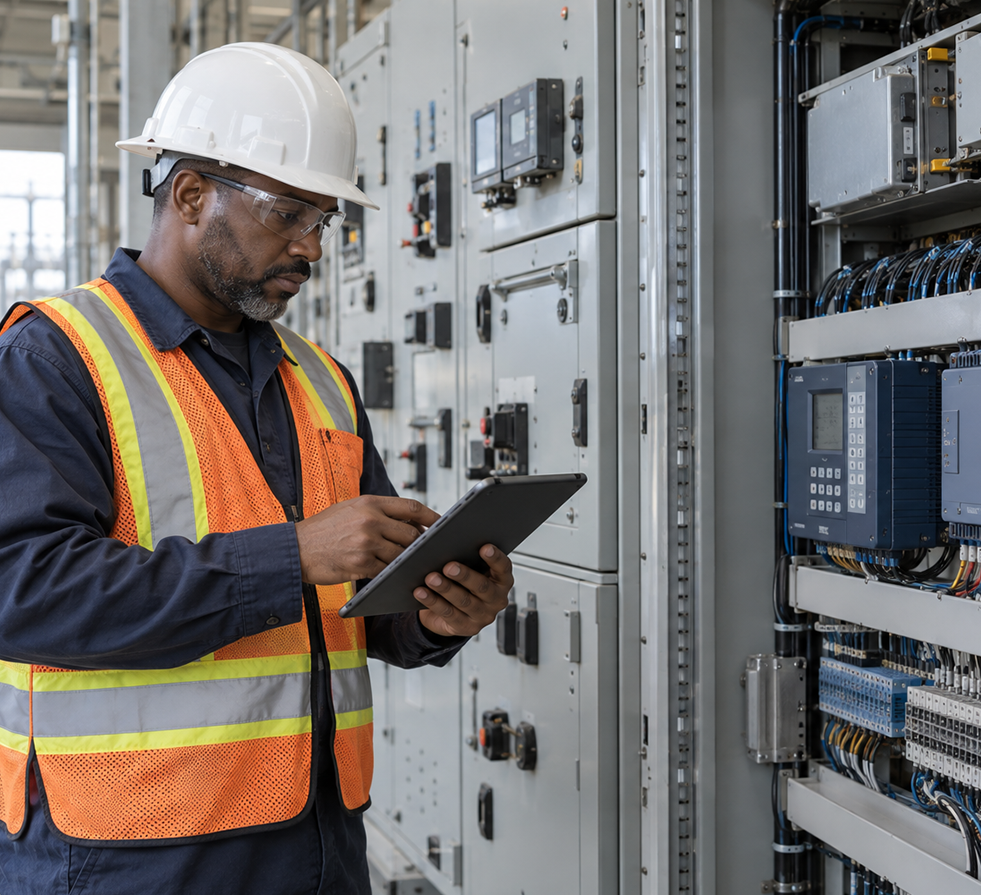 Utility engineer inspecting substation control equipment and documenting findings on a tablet.